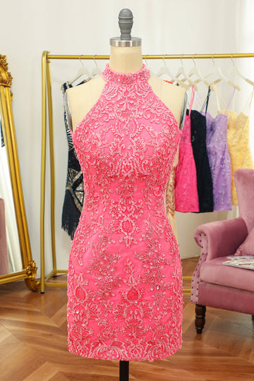 Pink Open Back Halter Lace Tight Graduation Dress